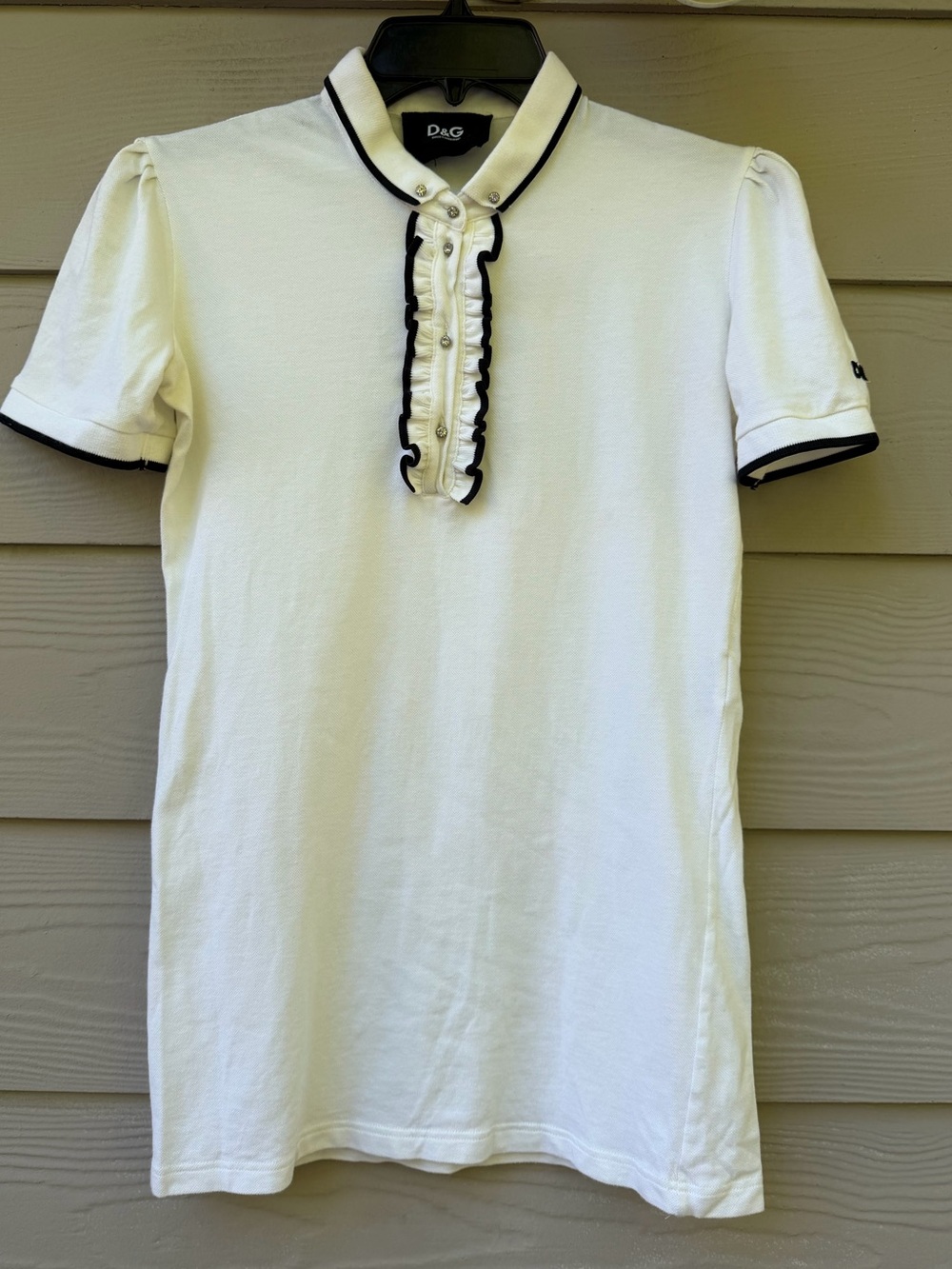 Dolce & Gabbana D&G White Black Trim Ruffle Polo Top Rhinestone Buttons Cotton - Picture 4 of 15